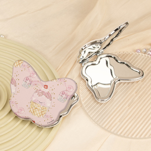 Miroir compact en cuir PU imprimé motif papillon, cadre métallique argenté, double face, verre HD, format poche, thème dessert pastel - Product Image 1