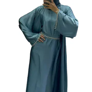 Conjuntos de pérolas de pedra em cintura e punho para muçulmana, moda longa de cor lisa, 2 peças abaya
