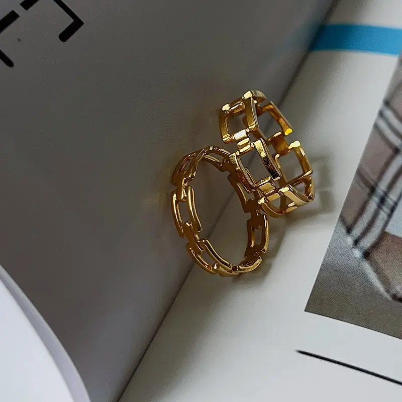 INS cincin baja tahan karat berlapis emas 18K, perhiasan cincin jari berbentuk rantai Chunky modis sederhana untuk wanita dan anak perempuan