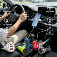 Chargeur de voiture USB à double câble rétractable intégré pour une charge rapide, chargeur de téléphone de voiture intégré, chargeur de voiture automatique