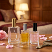 Flacon pulvérisateur de parfum vide de luxe personnalisé, carré plat, transparent, 30 ml, en verre, avec couvercle, pour brume fine
