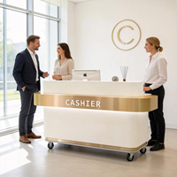 Comptoir de réception de luxe en or blanc avec éclairage LED et roulettes pour hôtel, bureau, boutique, clinique, commerce de détail