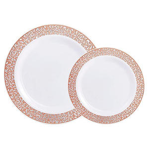 175 pièces assiettes en plastique blanches creuses jetables en dentelle dorée <span class=keywords><strong>avec</strong></span> assiettes de fête en plastique à jante dorée pour la fête de mariage - Product Image 6