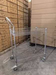 עגלת לוגיסטיקה ניידת דו-קומתית מפלדת אל-חלד מצופה כרום, בעלת סל רשת עמוק ועמיד במיוחד לאחסון במחסן - Product Image 2