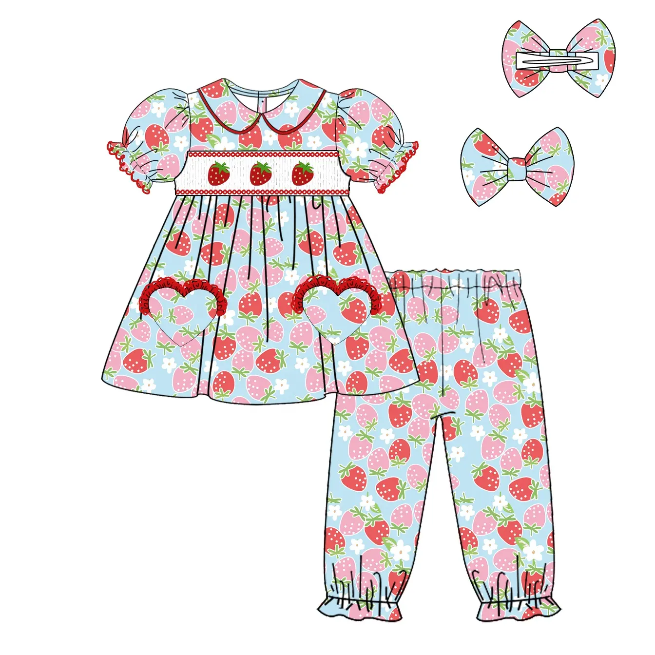 2024 new design kids smock pajamas strawberry embroidery wholesale baby clothes girl clothing sets-Puresun