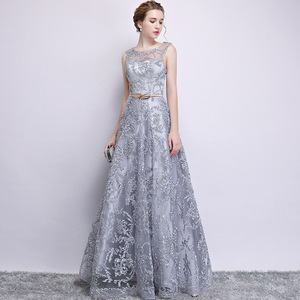 Elegant A-Line Evening Dress Grey Organza Floral Print Scoop Neck Long Hostess Dress 3D Stereoscopic Patterns Natural Waistline - Product Image 3