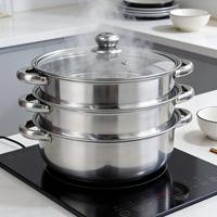 28CM 3-stufiger Edelstahl-Induktionskochtopf mit Glasdeckel, Kochgeschirr-Set mit Dampfkorb und Deckel