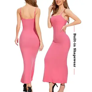 Atacado Compressão Emagrecimento Full Body Shapewear Sundress Long Pink Shaper Dress Built-In Shapewear Modal Soft Lounge Dresses