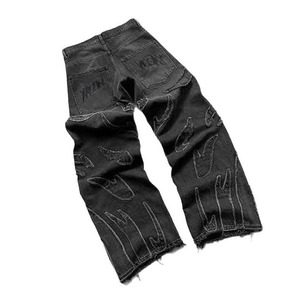 Maßgeschneiderte Herren Y2K Straight Baggy Schwarze Selvedge <span class=keywords><strong>Denim</strong></span> Jeans Gewaschen Bestickt <span class=keywords><strong>Patchwork</strong></span> Rohe Kanten Lässig Herbst Umweltfreundlich - Product Image 2