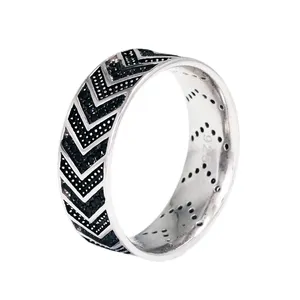 925 Sterling Silver Rings for Men and Women CZ Paved Setting Geometrical Tire Pattern Wedding Band