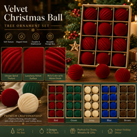Décoration de maison de vacances : Lot de 12 boules de Noël floquées en velours doux (6-8 cm) pour suspendre à l'arbre, en boîte, vente en gros