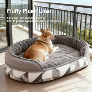 Lit pour chien en peluche moelleuse, ovale, gris et marron clair, lit pour animaux de compagnie quatre saisons avec doublure amovible pour un sommeil confortable - Product Image 1