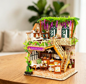 Kit <span class=keywords><strong>de</strong></span> maison miniature DIY, mini kits <span class=keywords><strong>de</strong></span> maison <span class=keywords><strong>de</strong></span> poupée, boîte <span class=keywords><strong>de</strong></span> café-restaurant à 2 étages avec lumières LED, cadeau - Product Image 1