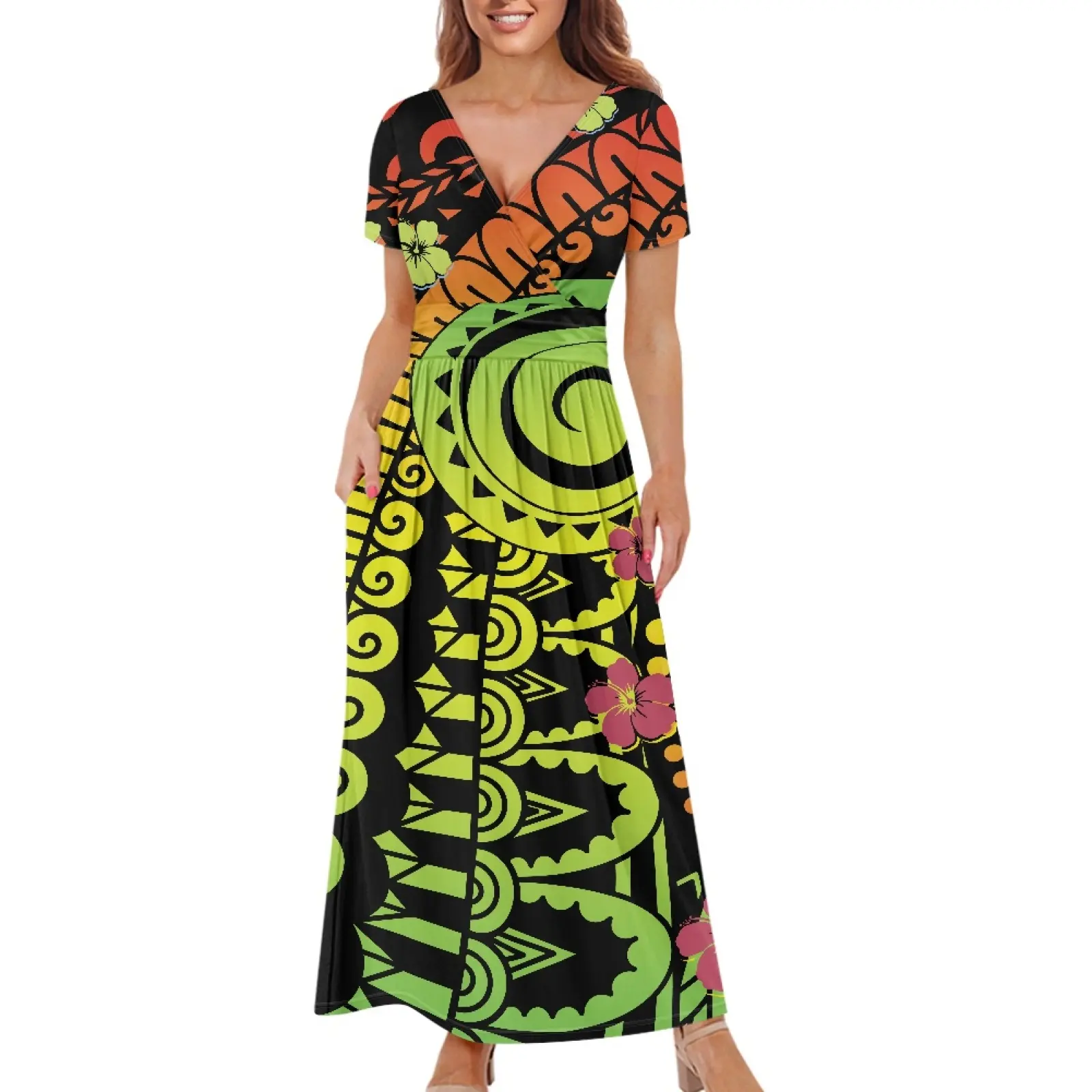 Primavera 2024 moda personalizada cuello redondo Hawaiano Puletasi Tatau patrón Maxi vestido polinesio ropa de mujer vestidos de talla grande