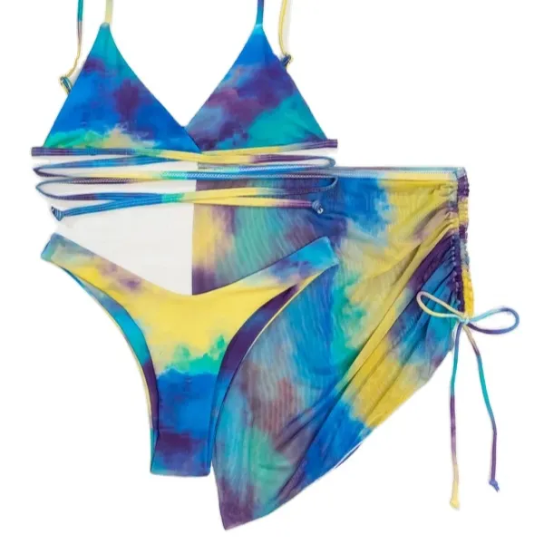 Sexy Blue Print Halter With Sarong Bikini Set Women Swimwear Female Swimsuit Three-pieces Padded Bathing Suit