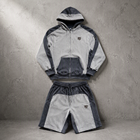 Ensemble de survêtement vintage deux pièces pour homme en coton tricoté de haute qualité avec sweat à capuche zippé respirant et short à cordon de serrage