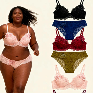 <span class=keywords><strong>Ensemble</strong></span> de lingerie en dentelle florale pour femmes, 2 pièces, soutien-gorge en maille rouge et rose, string, décoration brodée, motif transparent uni - Product Image 1