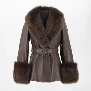 QIUCHEN QC22065 New Women Ladies Motorcycle Fashion Genuine Leather Belt Coat With Real Fox Fur Collar And Cuffs