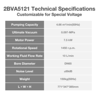 Bomba de Vacío de Anillo Líquido 2BVA5121, Capacidad de Bombeo de 4.66m³/min, Sistema de Vacío Industrial de 7.5kW