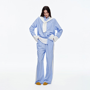 Ensemble de vêtements de nuit rayés pour femmes, bleu et blanc, pyjama à manches longues, deux pièces, viscose popeline, vêtements de maison printemps-automne - Product Image 1