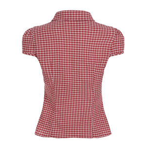 Blusa a cuadros de manga corta para mujer, estilo clásico preppy, con bloques de color, botones, cuello casual y detalles de ganchillo. - Product Image 6