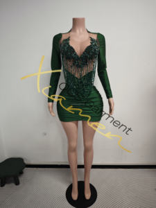 Ocstrade Lüks Avrupa Yeşil Kristal Taşlı Püsküllü Mini Parti Elbiseleri 2025 Kadın Seksi Nefes Alabilen Uzun Kollu Parti Elbisesi - Product Image 3