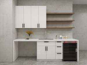 Petite armoire de cuisine moderne en laque blanche, contreplaqué en bois massif, dosseret en granit, plan de travail pour appartement - Product Image 5