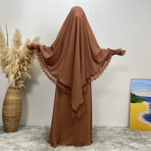 6693+2306# Popular Summer Two Piece Prayer <b>Set</b> Muslim Women's Praying Dress <b>Sets</b> Closed Abaya Khimar With Lace Ribbon - Product Image 6