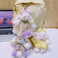 Porte-clés en peluche lapin aux oreilles tombantes mignon et moelleux, pendentif de sac, poupée en peluche lapin fleuri adorable, ornement animal doux, cadeau
