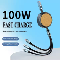 Câble de charge rapide USB 3-en-1 en bambou écologique, 1,2 m, rétractable, cuivre pur, 100 W, pour IOS, Type-C, Micro USB