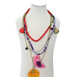 Bohemian <b>Statement</b> <b>Necklace</b> Women's Multicolor Animal Pendant Layered Chain Fabric Beads Gold Plated Handmade Party Jewelry Gift - Product Image 1