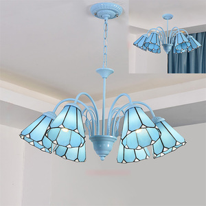 Lustre méditerranéen stratiforme à 3 lumières en fer forgé bleu clair avec mosaïque de verre en cristal pour villa côtière ou bistrot - Product Image 3