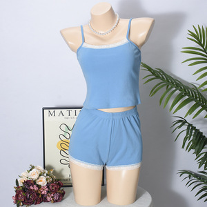 Sexy Casual Camisole <b>Shorts</b> Lace Patchwork Two-piece Set for Women Fashion - Product Image 6