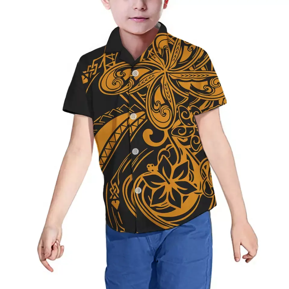 Wholesale Soft Casual Baby Boy Shirt Clothes Button Tops Short Sleeve Child Clothing Yellow Polynesian Tattoo Kids Boys Shirts
