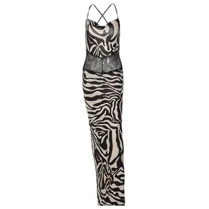 Zebra Print 3 Piece Outfit Sexy Lace Up Top Panties Matching Long Skirt Beach Holiday Style Women Swimsuit Set