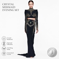 Ensemble de soirée deux pièces noir perlé pour femme, haut court à col montant et jupe sirène taille naturelle, orné de cristaux dorés et argentés, personnalisable OEM/ODM