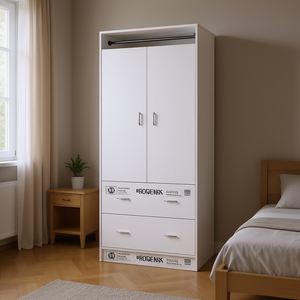 Armadio bianco da 71 pollici con due ante e due cassetti, asta appendiabiti, mobile da camera da letto - Product Image 2