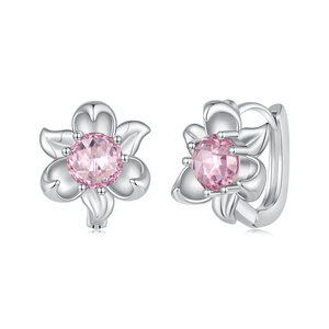 Pendientes de plata con forma de flor y cristales rosas con engaste de garra para mujer, estilo romántico - Product Image 1
