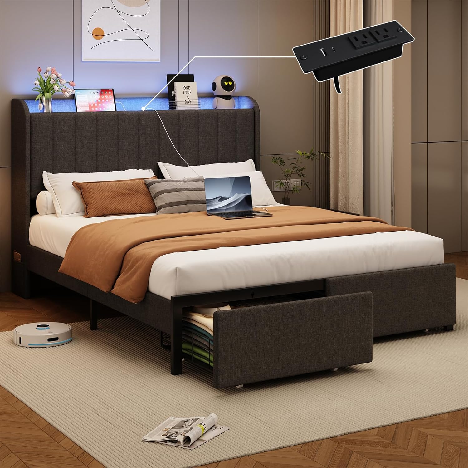 Grey-channel tufted-2 drawers