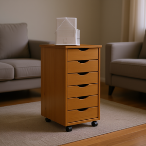 Chariot de rangement en bois de pin massif brun miel 33x15x85cm, armoire à roulettes avec cinq tiroirs, organisation domestique - Product Image 2