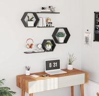 Étagères murales hexagonales en bois, lot de 6, en pin, pour photos et plantes