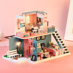 All'ingrosso IIECREATE Puzzle 3D in miniatura rosa Loft giocattolo in legno città fai da te fiore casa delle bambole e negozio di caffè leggero Puzzle gioco giocattolo - Product Image 2