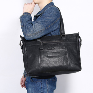 Bolso de mano de cuero genuino para hombre, bandolera de gran capacidad para viajes de negocios, Color sólido negro - Product Image 3