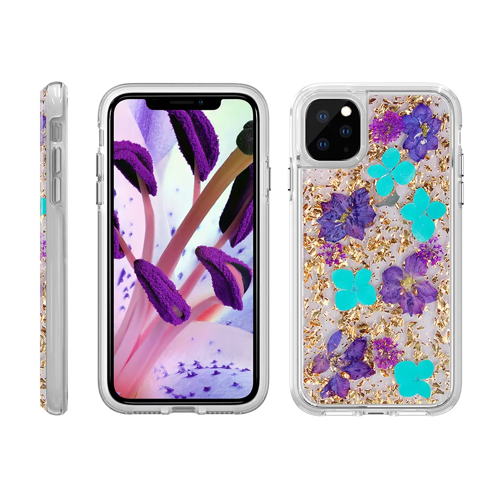 GSCASE Bling Gold Foil Glitter Case Hand-dried Real Flowers Design Mobile Custom Phone Case For Iphone 13