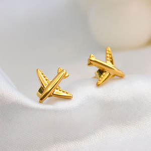 Boucles d'oreilles pour femme en acier inoxydable 316L plaqué or 14k 18k PVD, couleur or personnalisée, motif avion, tendance - Product Image 5