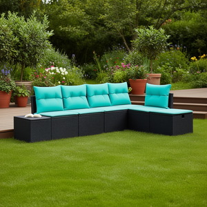 Black Poly <b>Rattan</b> Garden <b>Sofa</b> Set With Cushions 5 Seater Outdoor Furniture Contemporary Design - Product Image 2