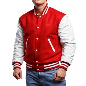 Blouson universitaire homme rouge et blanc style preppy col mandarin simple boutonnage polyester hiver logo frontal - Product Image 1