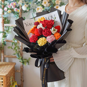 Venta caliente hecha a mano peonía mixta ramo de flores artificiales regalo de ganchillo con embalaje elegante - Product Image 3