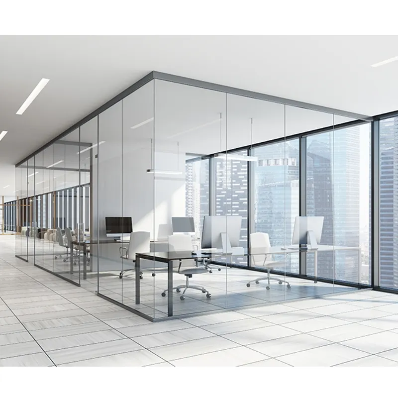 आधुनिक वाणिज्यिक आंतरिक एल्यूमीनियम मॉड्यूलर स्पष्ट टेम्पर्ड ग्लास कार्यालय साउंडप्रूफ विभाजन दीवार प्रणाली
