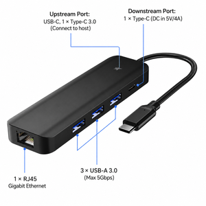 HBC048ฮับ5ใน1 USB ชนิด C ถึง RJ45อีเทอร์เน็ตกิกะบิตและ3 USB 3.0พอร์ตอะแดปเตอร์ชาร์จ PD 20W สำหรับแล็ปท็อป - Product Image 4